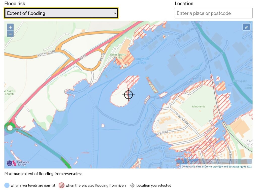 Map of the site showing the possible flood risk from reservoirs