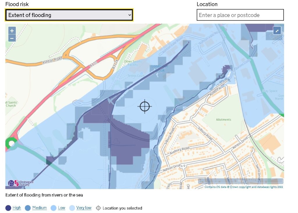 Map of the site showing the possible flood risk from rivers or the sea