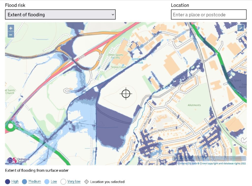 Map of the site showing the possible flood risk from surface water